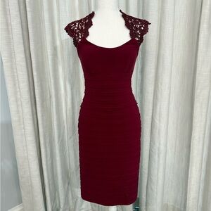 Cache Burgundy Lace Cap-Sleeve Ruched Midi Dress